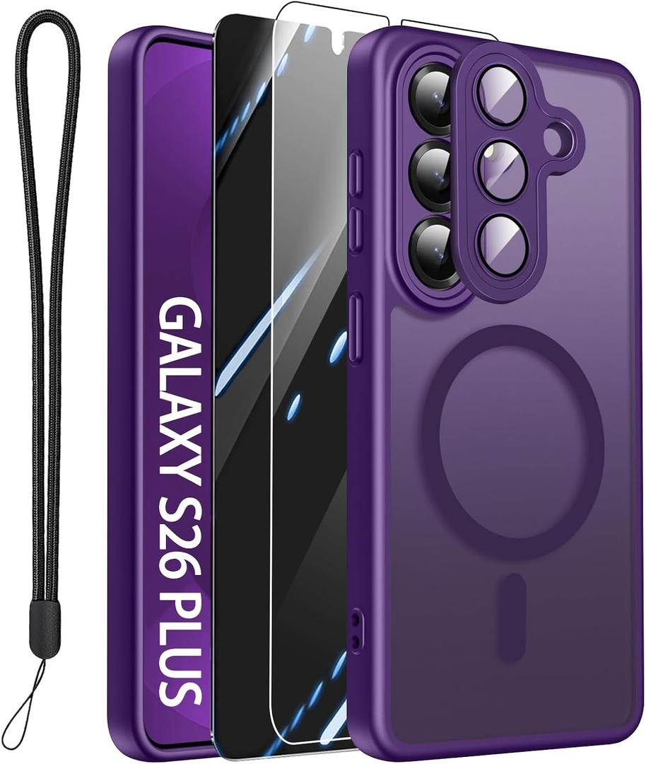 Magnetic for Samsung Galaxy S26 Plus Case with 2X Screen Protectors & Full Camera Cover,Compatible with MagSafe for Galaxy S 26 Plus. Cover Translucent Matte Phone Case for Men Women/Girls.-Purple