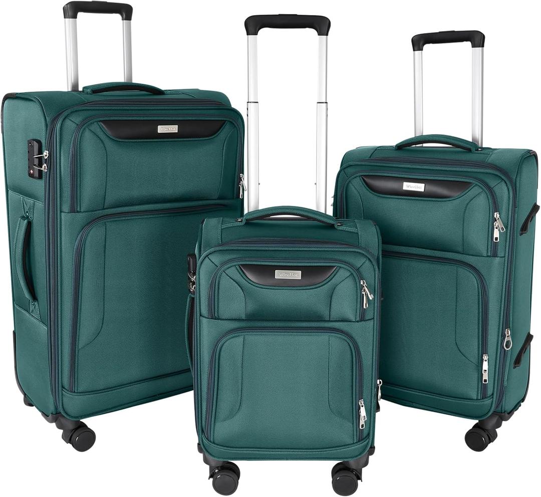 WireHot 3-Piece Softside Expandable Luggage Set with Front Open Pocket, Lightweight and Durable Oxford Fabric Suitcase Set with TSA Lock (Dark Green, 20in/24in/28in)