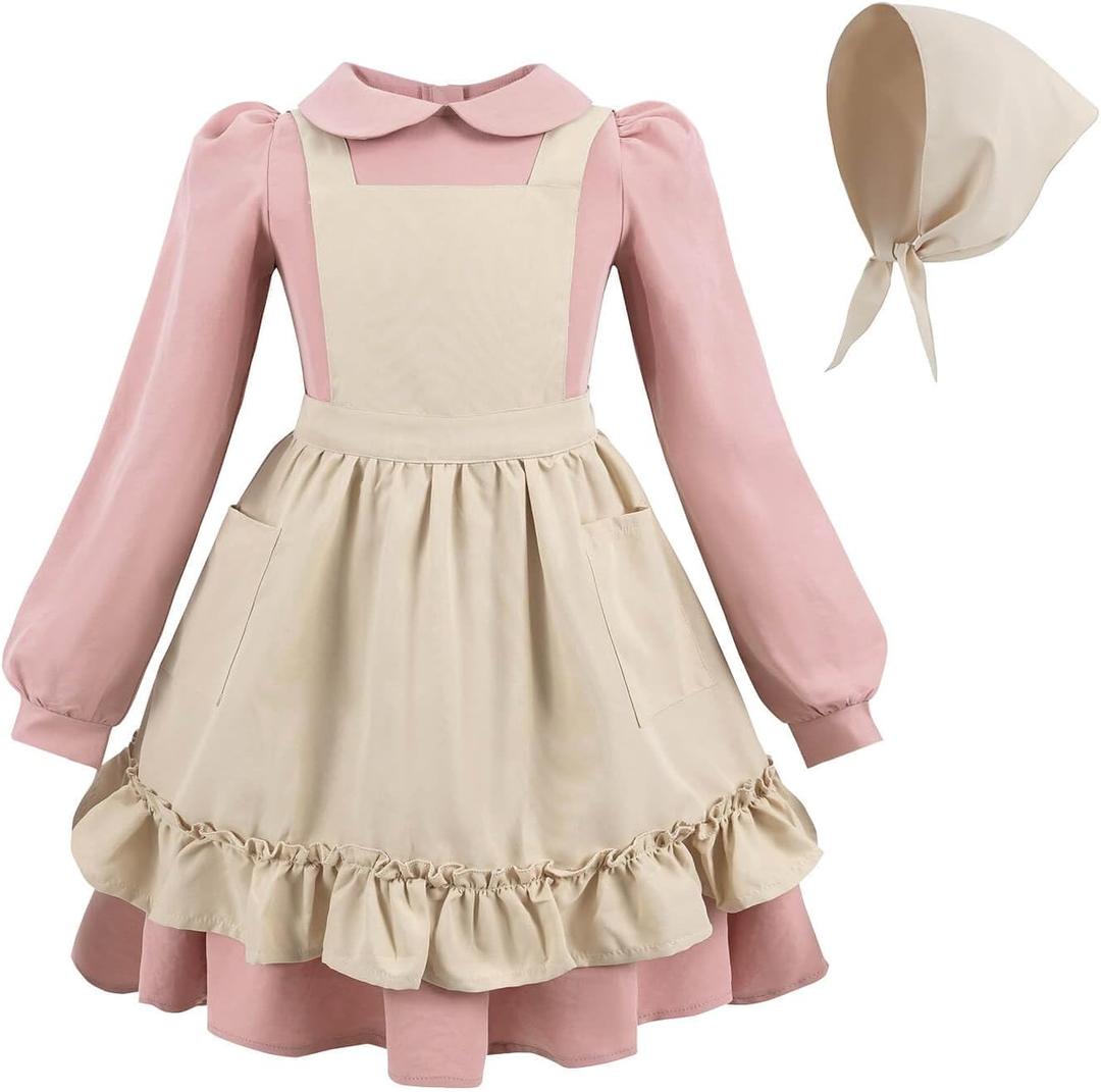 Nuoqi Prairie Dress Girls Pioneer Colonial Costume Long Sleeve 1800s Victorian Dress with Apron, 4-5, Pink