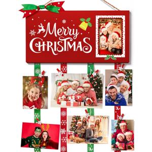 Christmas Card Holder Wall Hanging Christmas Card Display Merry Christmas Picture Frame Holiday Card with 30 Clips Holder Picture Board Photo Holder Farmhouse Christmas Kitchen Decor (Red)