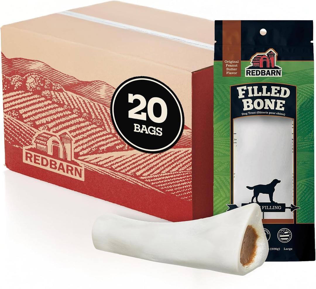 Redbarn Large Peanut Butter Filled Bones Dog Treats 20-Count - Long Lasting Beef Femur Bones for Large Dogs - Rawhide Free Dental Chews for Heavy Chewers (EXP 05/27/27)