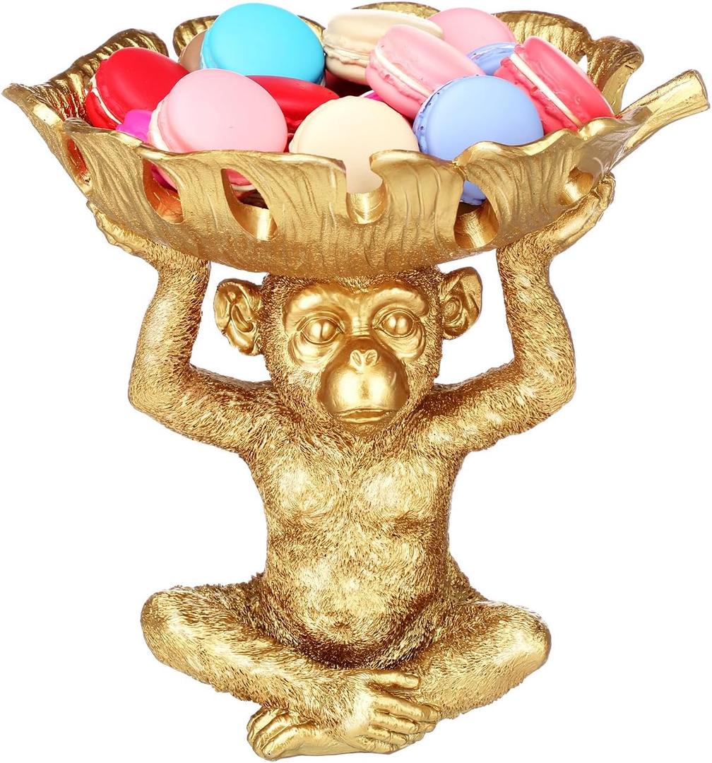 AceOrbit 1pcs 8.7 x 5.5 x 9 in Decorative Bowl Detailed Animal Resin Sculpture Gifts Sculpture Decor Statue for Snacks Candies Jewelry Living Room Home Decorations(Monkey,Gold)