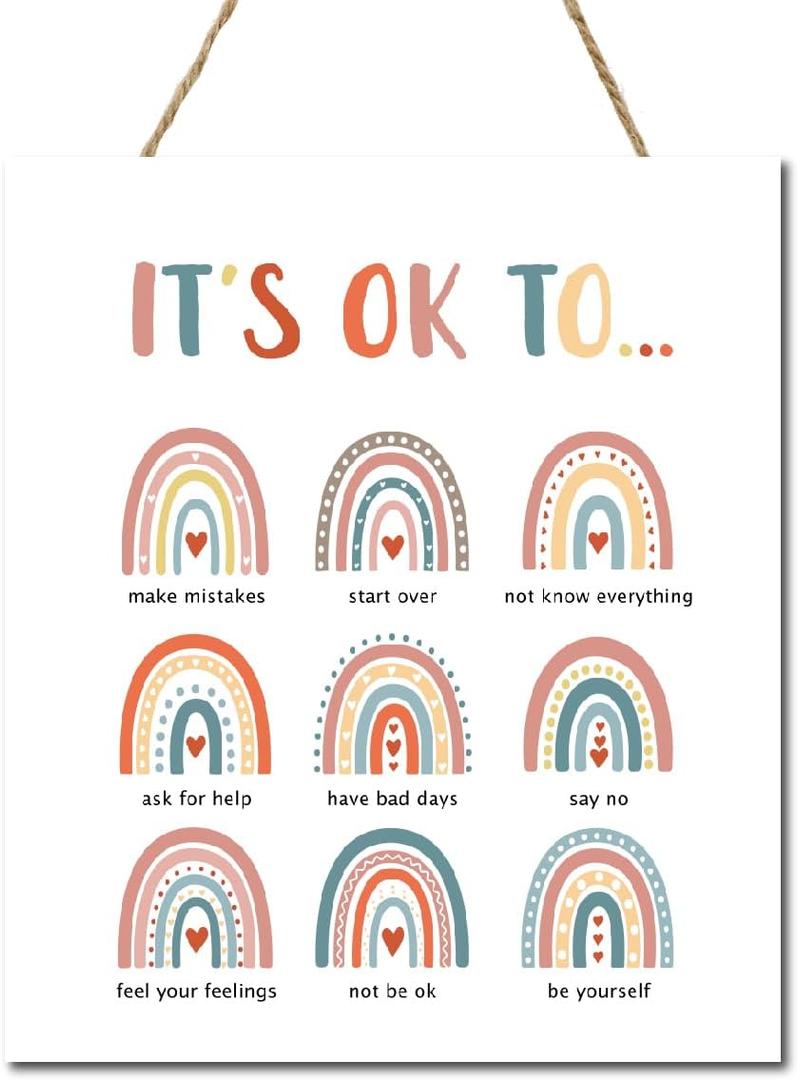 It Is Okay To Inspirational Hanging Wood Signs,Boho Rainbow Wall Decor,Motivational Quote Wood Plaque Sign,Inspirational Wall Decor for Nursery,Mental Health Door Sign for Playroom Classroom Bedroom, 13*11