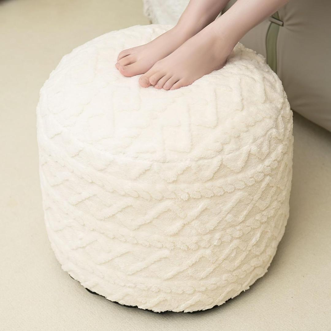 Beige Round Faux Fur Ottoman Pouf - 20x15 Inch Storage Foot Stool Cushion for Living Room & Bedroom Decor
