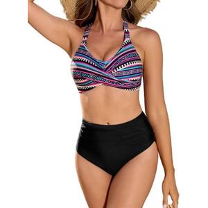 Women's Two Piece Swimsuits Full Coverage Bikini Set Tummy Control Bathing Suit Push Up V Neck Twist Front Swim Suits XXL