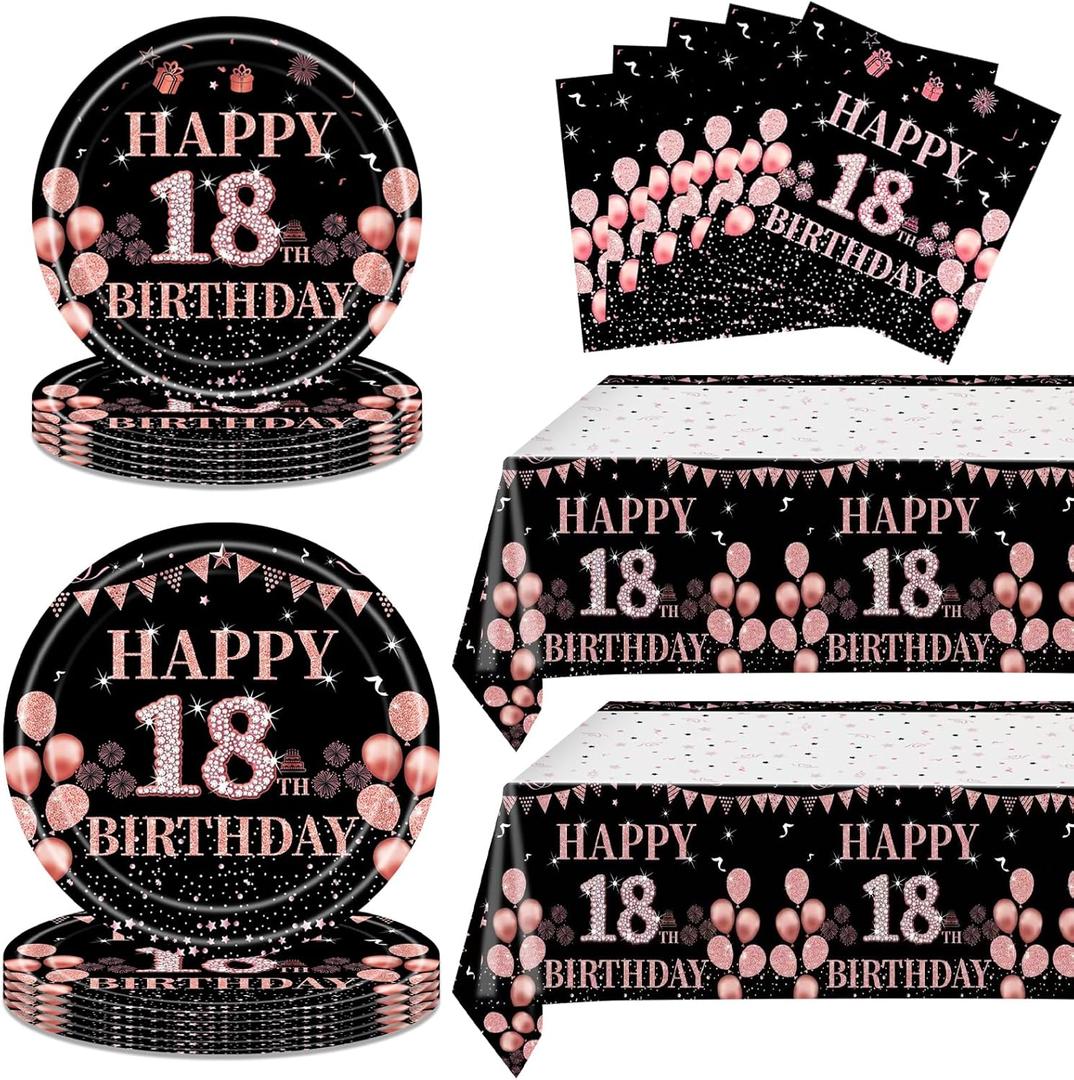 62Pcs 18th Birthday Decorations for Girls Her, Rose Gold Birthday Party Supplies Include 20 7''Plates 20 9'' Plates 20 Napkins and 2 Tablecloth, Rose Gold Princess Party Tableware for 20 Guests