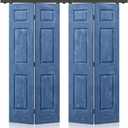 48 in. x 80 in. Vintage Blue Stain 6 Panel MDF Double Bi-Fold Barn Door with Sliding Hardware Kit