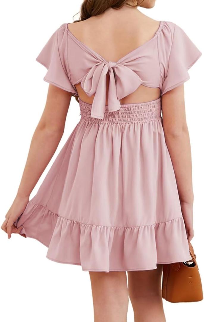DOKOTOO KIDS Girls Elegant Ruffle Short Sleeve Back Tie Dresses 6-13 Years Old