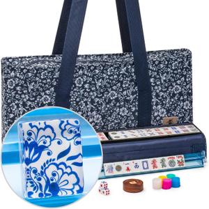 Yellow Mountain Imports American Mahjong Set, Chinoise II with Floral Blue Soft Case - All-in-One Racks with Pushers, Wright Patterson Betting Coins, Dice, & Wind Indicator