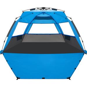 WhiteFang Deluxe XL Pop Up Beach Tent Sun Shade Shelter for 3-4 Person, UV Protection, Extendable Floor with 3 Ventilating Windows Plus Carrying Bag, Stakes, and Guy Lines (Gray Blue)