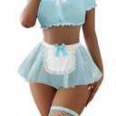 Foxiny Stockings Mini Skirt Mesh Sheer Lace Halloween Costume Maid Outfit Lingerie with Thong Set 4 Piece Women Rolepaly See Through Matching Bra Panty Underwear Light Blue Medium