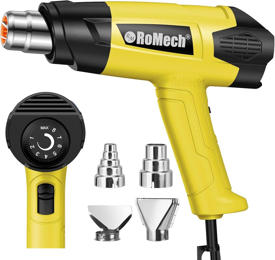 ROMECH 1500W Heavy Duty Heat Gun, Variable Temperature Control Hot Air Gun Kit with 2 Air Flow 120F~1200F and 4 Nozzles for Crafts Shrink Wrap (Yellow)