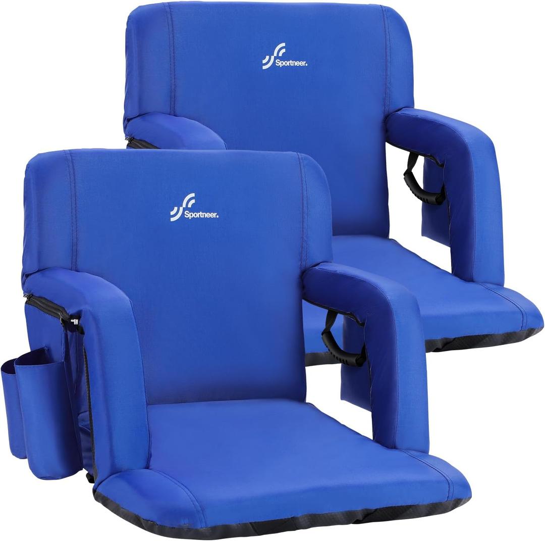 Sportneer Wide Stadium Seats for Bleachers, 2 Pack Bleacher Chairs with Cushion and Back Support Padded Stadium Chair with Armrests 6 Reclining Positions for Sport Events (Regular - 20.5")