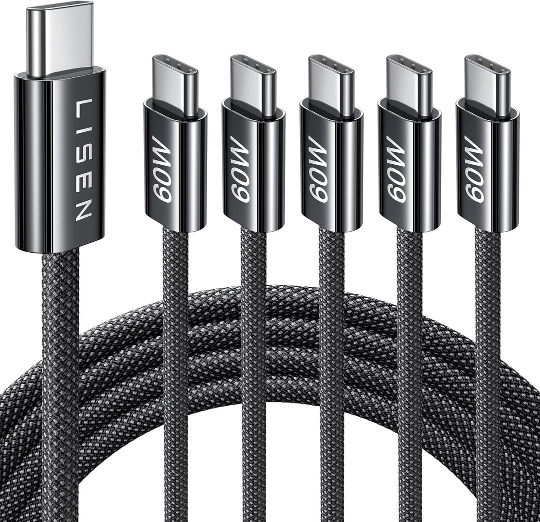 LISEN USB C Cable, 5-Pack [6.6FT] USBC to USBC Cable for iPhone 16e 15 Pro Max Charger Cord, 60W (3.1A) C to C Cable Fast Charging for Samsung S25/S24/23, Switch 2, iPad, MacBook,Black