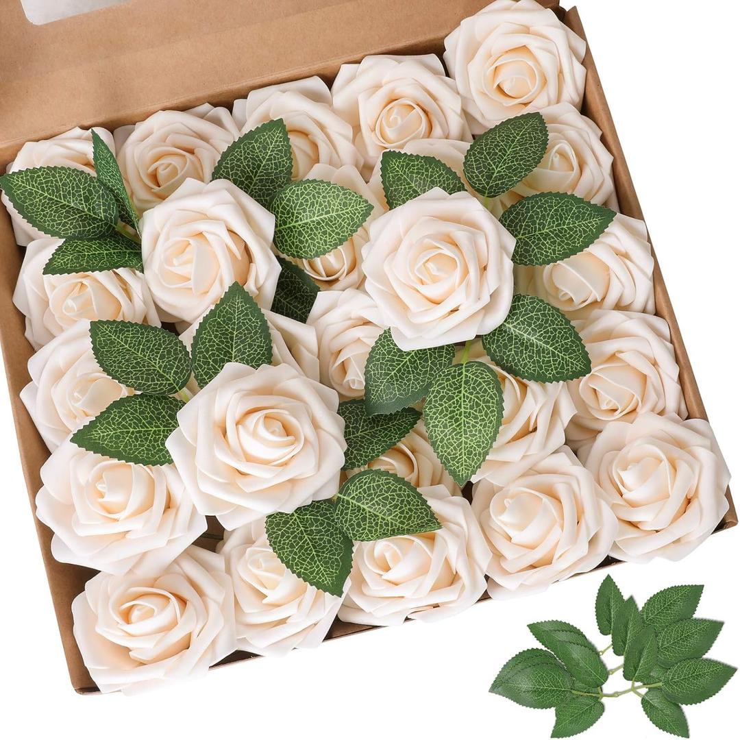 AmyHomie Artificial Flower Champagne Rose 25pcs Real Looking Fake Roses w/Stem for DIY Wedding Bouquets Centerpieces Arrangements Party Baby Shower Valentines Day Christmas Tree Decorations