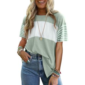 Dokotoo Summer Tops Trendy Oversized 2026 Crewneck Casual Color Block Striped Womens Shirts Blouses (Small, Smoke Green)