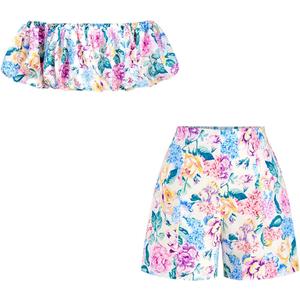 Women's 2 Piece Beach Vacation Outfits Boho Floral Off The Shoulder Crop Top and Shorts Set, Size Large