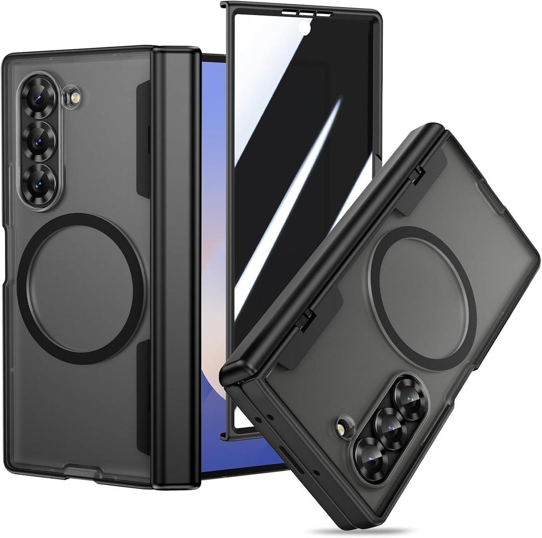 VEGO for Galaxy Z Fold 6 Case, Compatible with MagSafe, with [Hinge Protection][Front Privacy Screen Protector], Magnetic Anti-Peeping Translucent Protective Clear Cover for Samsung Z Fold6 - Black