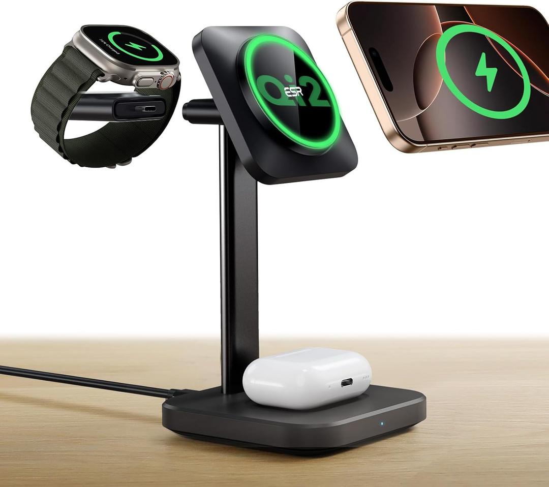 ESR Qi2 3 in 1 Wireless Charging Station, [Certified] Apple Watch Charger & 15W Qi2 MagSafe Charger Stand for iPhone, Wireless Charger for Multiple Devices iPhone 17/16/15/14/13&Watch&AirPods,Black