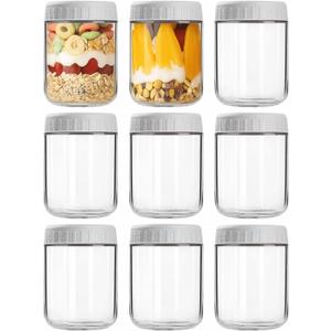 Overnight Oats Containers with Lids, 16oz Wide Mouth Mason Jars with Lids, 9 Pack Glass Jars with Airtight lid for Chia Pudding Yogurt Salad, Meal Prer Oatmeal Jars, Gray