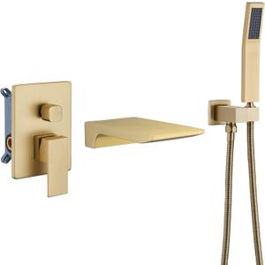 DASAN Waterfall Tub Filler Faucet Wall Mount with Hand Shower, Modern Wall Mounted Bathtub Faucet Brushed Gold Tub Faucet with High Flow Rough in Valve, SA-TF01WH-BG