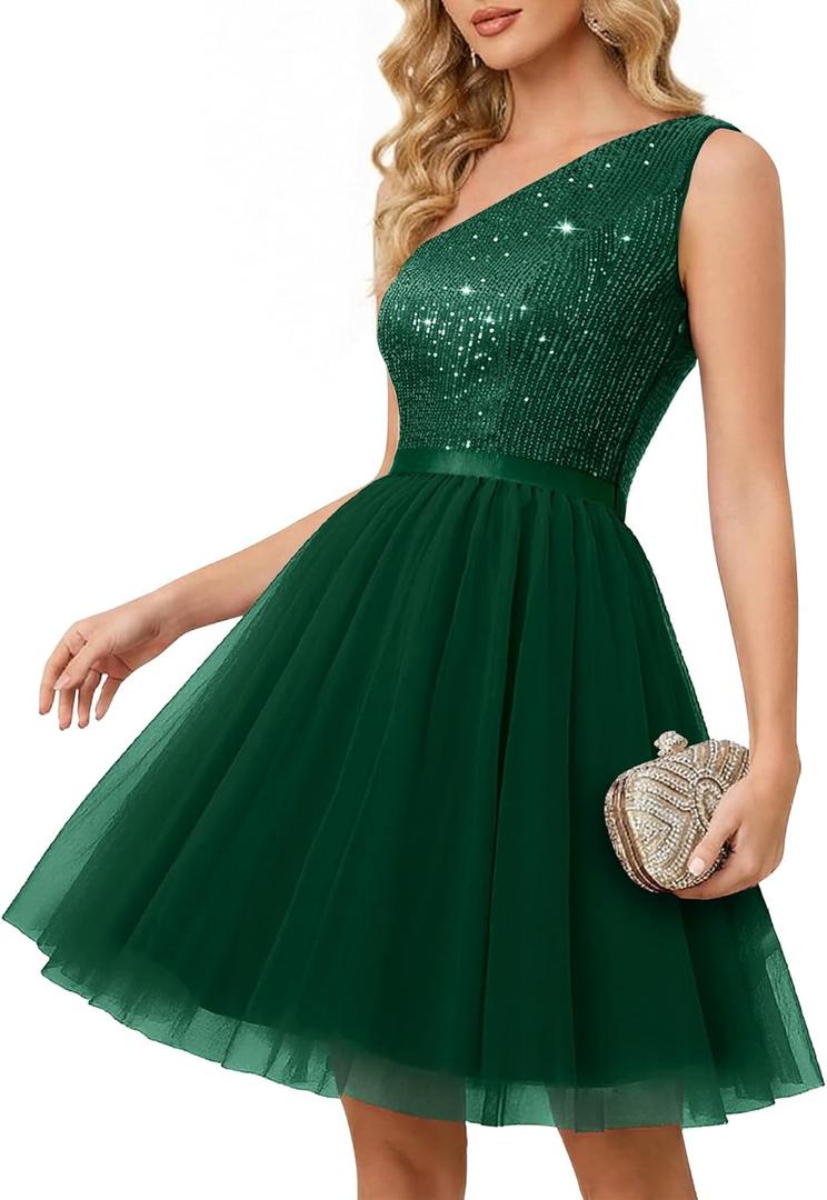 BeryLove Womens Sequin Homecoming Formal One-Shoulder Cocktail Dress for Teens (Small, Tulle Dark Green)