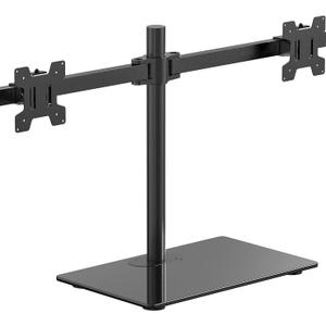 WALI Free Standing Dual Monitor Stand, Height Adjustable Monitor Mount with Glass Base, Fits LCD LED Flat Curved Screen up to 27 inch, 22lbs, with Grommet Base (GMF002)