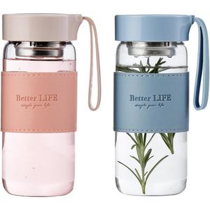 Glass Tea Bottle 16 oz Drinking Bottle with Non-Slip Holster, and Stainless Tea leak, Leak Proof Lid, Portable Glass Water Bottle for School, Office, Car, Home, as a gift, etc (Blue+Pink)