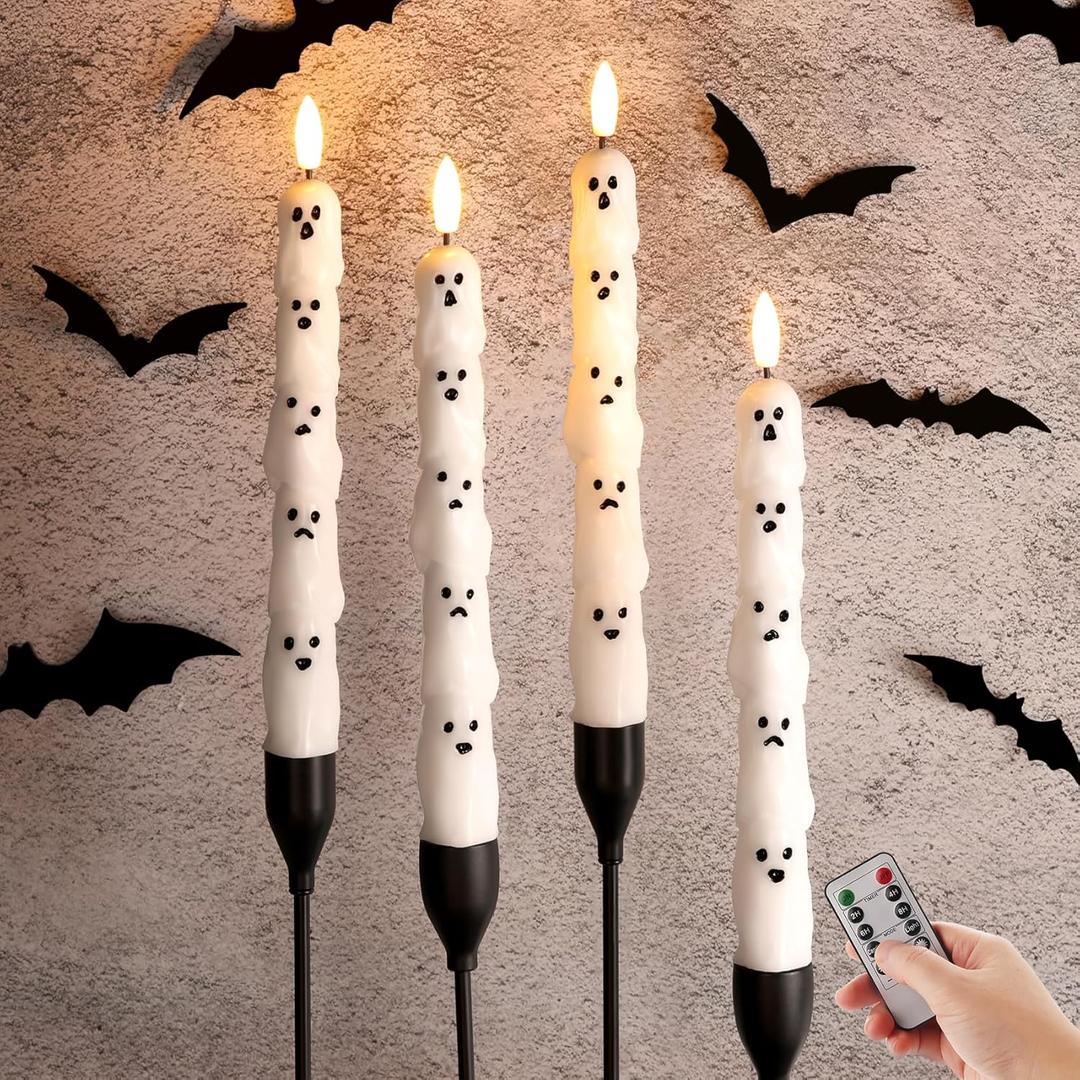 White Ghost Halloween Flameless Taper Candles with Remote, Spooky LED Wax Candlesticks Battery Operated Flickering, Set of 4