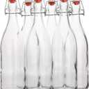 Flip Top Glass Bottle [1 Liter / 33 fl. oz.] [Pack of 6]  Swing Brewing with Stopper for Beverages, Oil, Vinegar, Kombucha, Beer, Water, Soda, Kefir Airtight Lid & Leak Proof Cap Clear