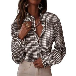 Astylish Women's Plaid Ruffle V Neck Button Down Blouse Casual Long Sleeve Gingham Trendy Tops Work Checkered Shirt, S