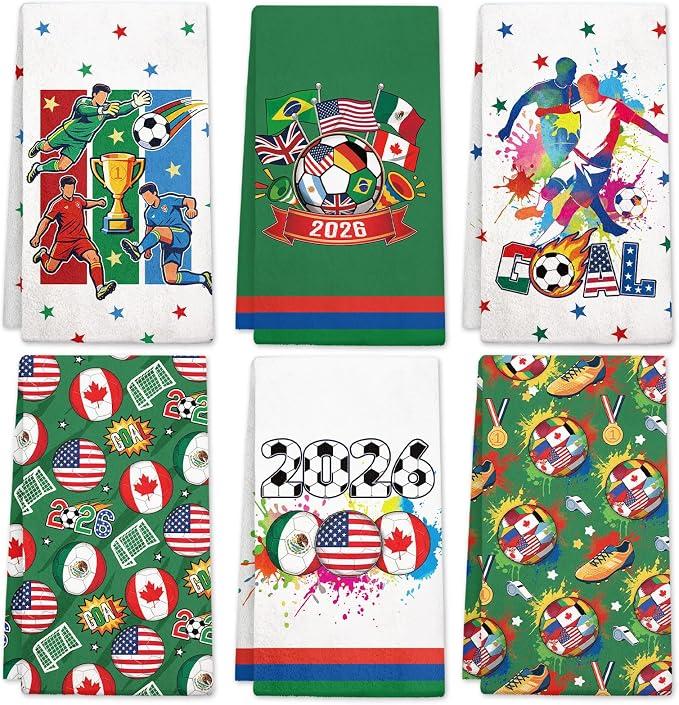 2026 World Soccer Cup Decorations Kitchen Towels Set of 2 with National Flags, 18x26 Inch World Soccer Cup Gift Hand Towel for Fans, Football Themed Dish Towels Decor