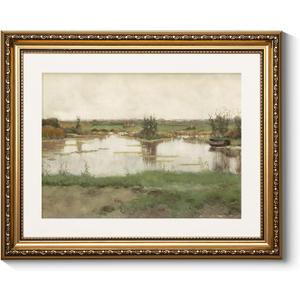 ARPEOTCY Vintage Gold Framed Wall Art Decor, Landscape Marsh Meadow Canvas Prints Aesthetics Artwork, Farmhouse Wall Art for Living Room Bedroom Bathroom, 13x16 inch (16L" x 13W", A Puddle in a Meadow)