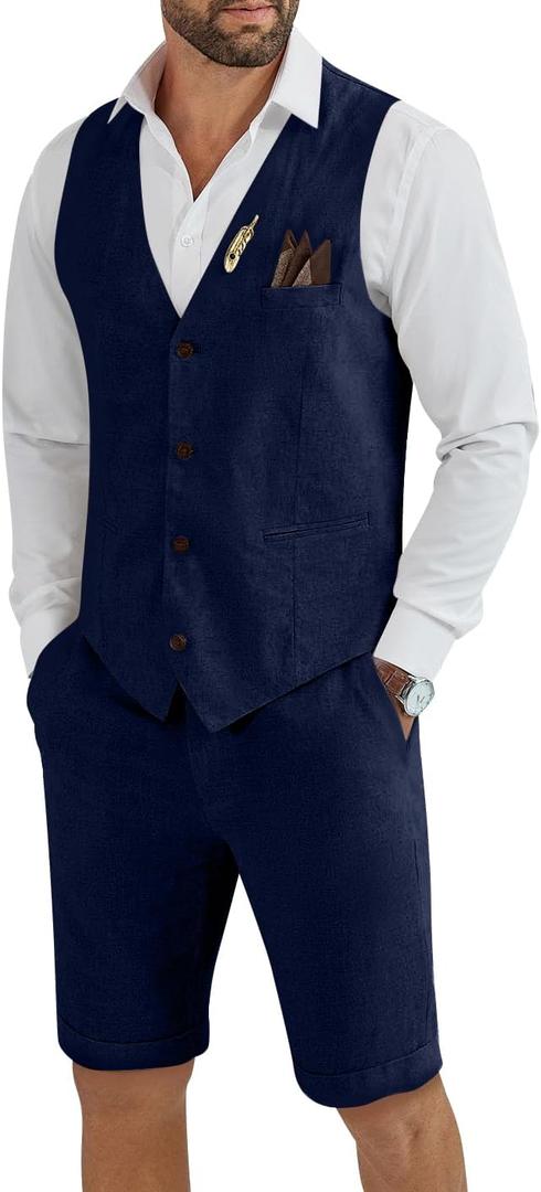 Men's Linen 2 Piece Suit Slim Fit Wedding Groom Groomsmen Summer Vest Shorts Set New Navy Blue L