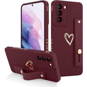 Fiyart Galaxy S21 5G Case - Wine Red, Love Hearts Pattern, Slim Protective Cover with Stand & Wrist Strap