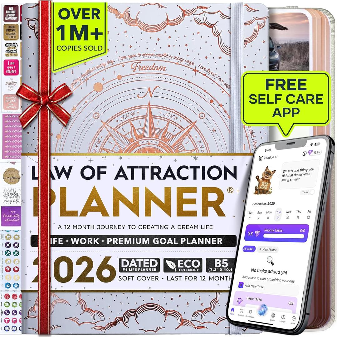 Deluxe 2026 Planner Weekly and Monthly | Law of Attraction Planner with Productivity App | 12-Month for Productivity, Gratitude & Goal Setting | Includes Foldable Vision Board, Gift Box & Stickers (WHITE SUN-COMPASS)