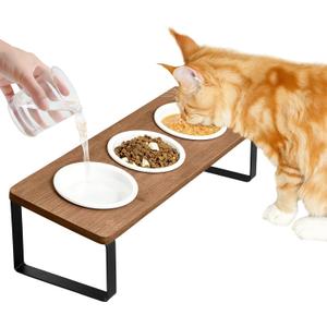 Sunhoo Raised Cat Food Water Bowl Elevated Tilted Kitty Dishes Set of 3 Ceramic Dish for Indoor Cats Orthopedic Pet Food Stand Reduces Vomiting 3 Bowl Cat Feeder Easy Assembly (Brown)