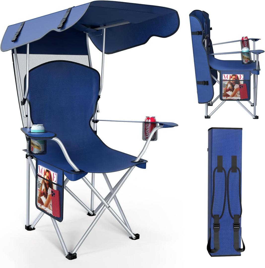 Portable Camping Chair with Canopy - Folding Chair with Canopy, Durable 600D Oxford Canopy Chair for Camping, Beach, Picnics, Fishing & Sports (1pack Navy Blue)