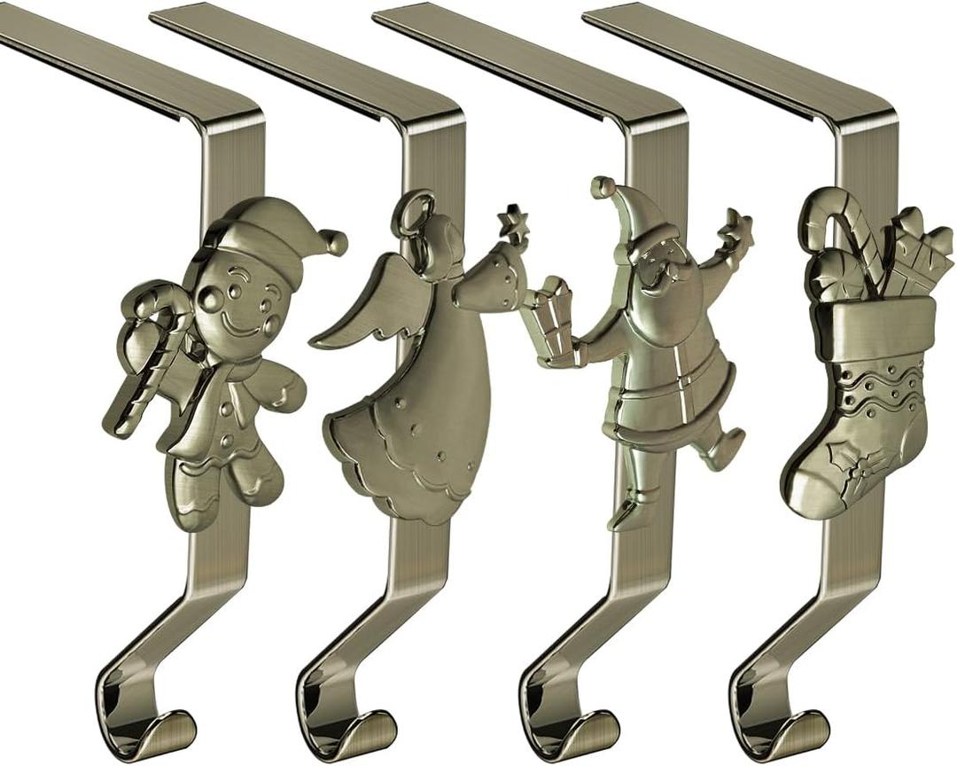 Christmas Stocking Holder for Mantle Set of 4, Reusable Christmas Stocking Hooks, No-Damage Xmas Hanger for Fireplace mantle Grip Stand Christmas Decoration Ornaments Hanging Sliver Shelf Floor (Bronze)