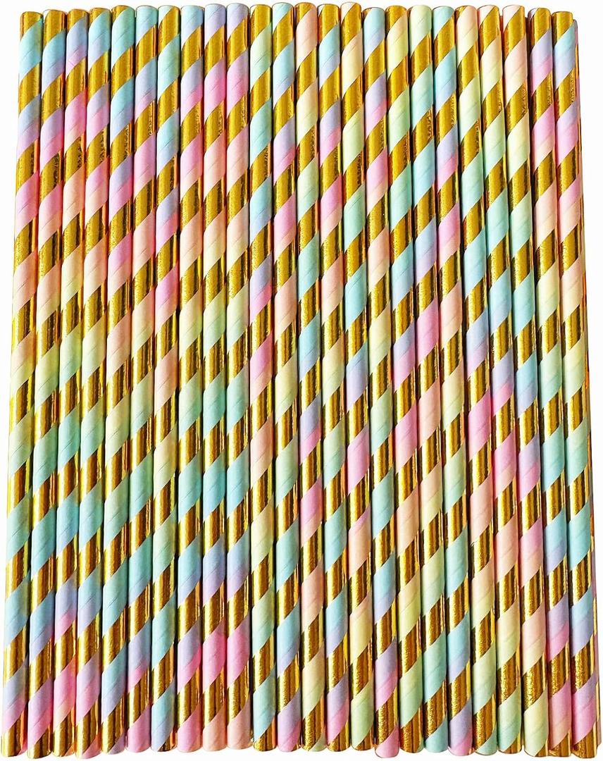 2 x YAOSHENG [100 Pack] Pink & Gold Paper Straws Disposable, 100% Biodegradable Multi-Pattern Party Straws For Birthday, Wedding and Holiday Decoration (Seven Colors)