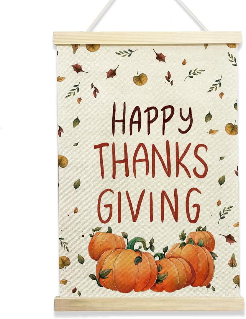 Happy Thanksgiving Hanging Flag  Fall Farmhouse Wall Decor with Pumpkins & Autumn Leaves, Rustic Linen Wall Flag with Wooden Frame for Holiday Dining Room Kitchen 12x17 Inches(175)
