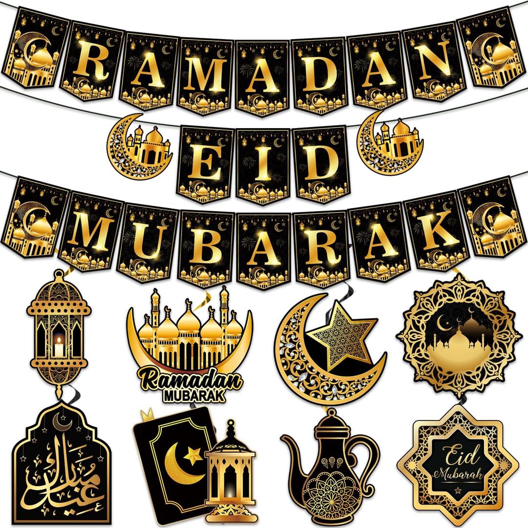 2 in 1 Ramadan nd Eid Decorations, NO-DIY Ramadan Mubarak Decorations Includes Ramadan Eid Banner and Ramadan Decorations Hanging Swirls, Eid Mubarak Decorations Ramadan Decorations for Home (Black)