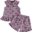 Baby Girl 2Pieces Outfit Strawberry Print Button Down Shirt Tops Cotton Shorts Toddler Little Girls Summer Clothes Set (Purple) Size: 4-5T