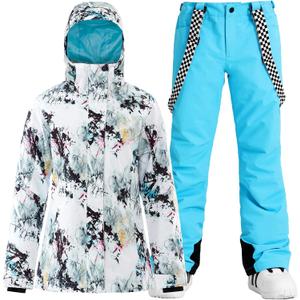 GSOU SNOW Women's Ski Jacket and Pants Waterproof Windproof Snowsuit Snowboarding Coat Insulated Warm Winter (Large, White Blue)