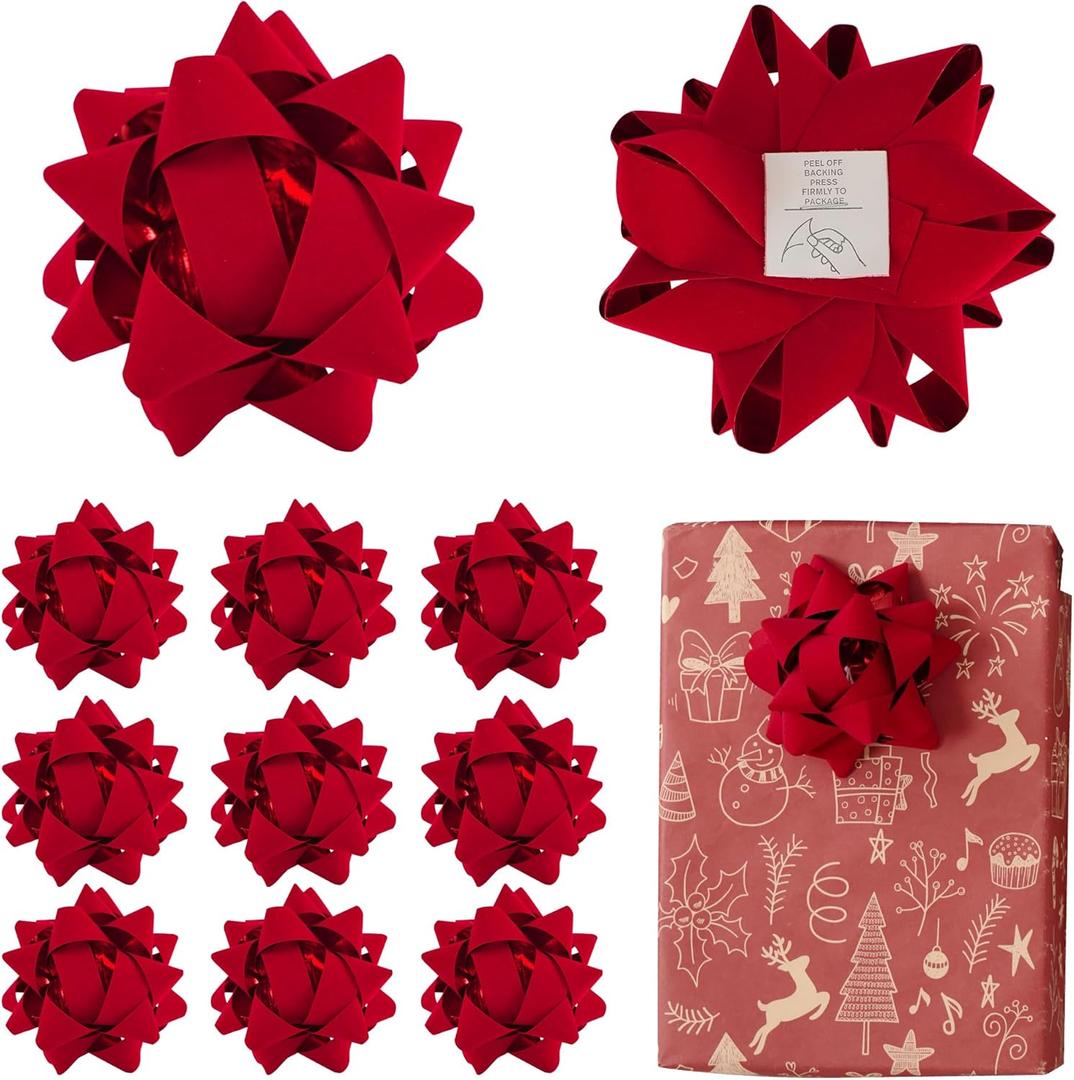 4.5 Inch Red Velvet Ribbon Gift Bow Decorative Bows, Premade Valentine Bows for Gift Wrapping Self Adhesive, Wrapping Bows for Presents, Party Favor, Holiday, Wedding, Birthday-12 Counts
