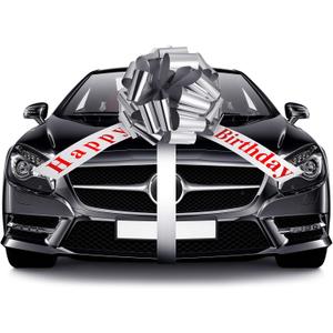 Big Happy Birthday Car Bow Large Decorative Gift Wrapping Giant Pull Ribbon Bow for Birthday Christmas Party Decoration(25 Inches,Silver)
