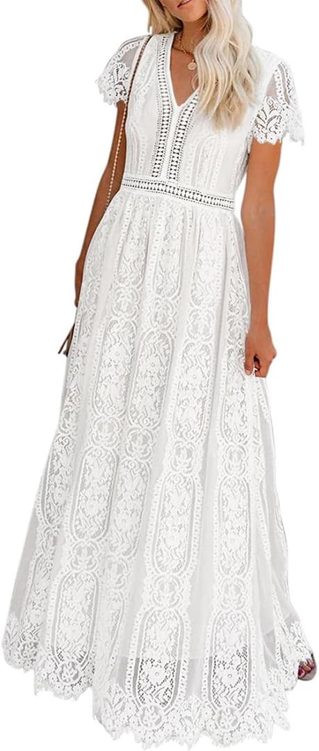 MEROKEETY Women's 2026 V Neck Short Sleeve Floral Lace Wedding Dress A Line Boho Bridesmaid Cocktail Party Maxi Dress, White, XX-Large