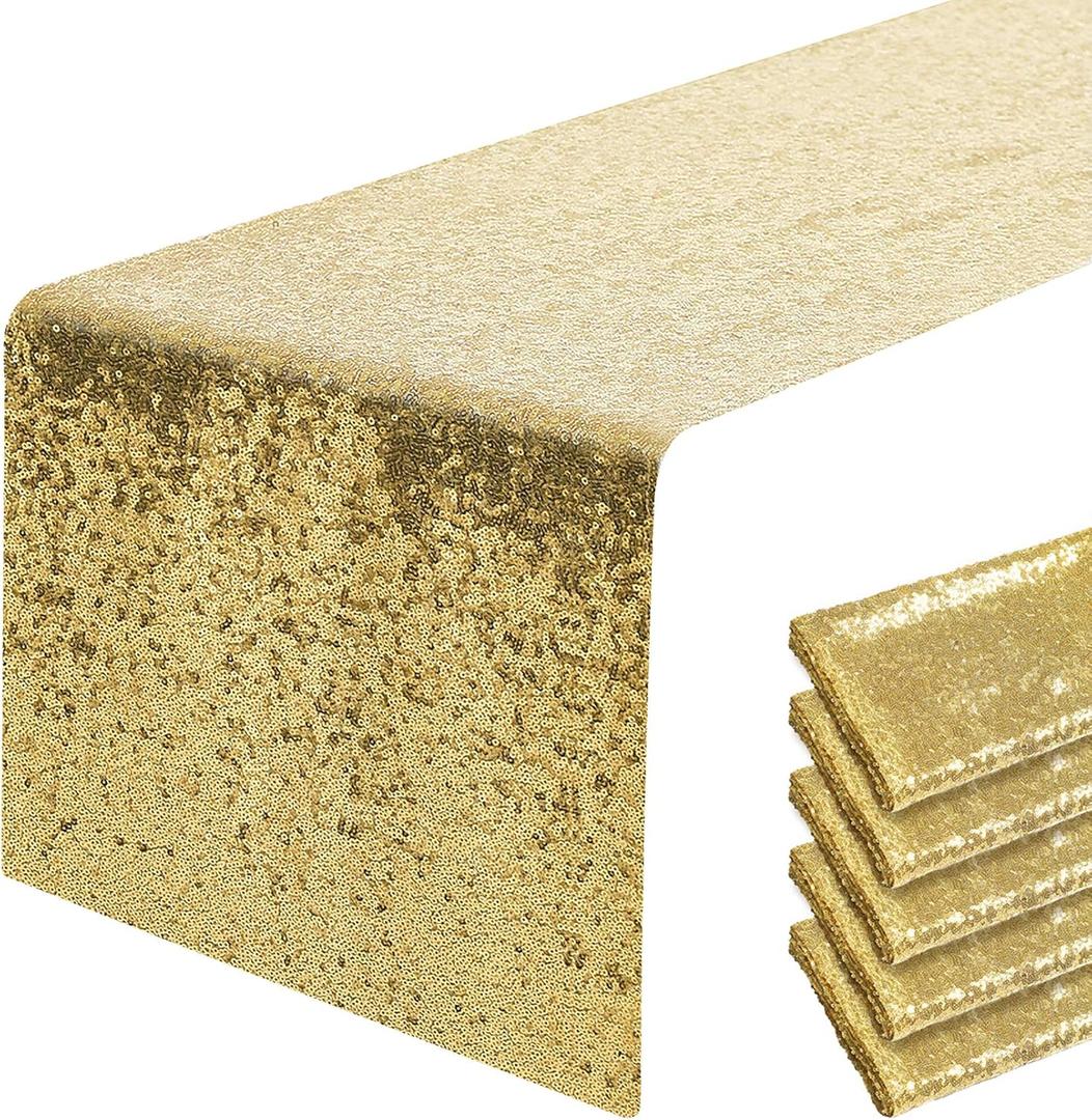 6 Packs 12 x 72 inches Gold Sequin Table Runner, Glitter Runner for Birthday Party Supplies Decorations Wedding Bachelorette Holiday Celebration Bridal Shower Baby Shower