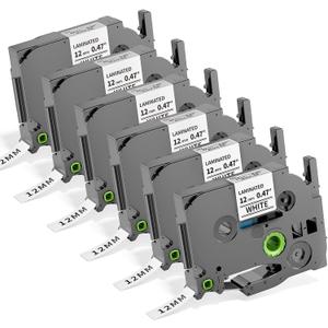 Ptouch Tape Replace for Brother P Touch Label Tape 12mm 0.47 White TZe TZe-231 TZe231 Refills TZ Laminated Black on White Work for PT-D210 D220 H110 D400 1290 Label Maker, 1/2"(12 mm), 6 Pack