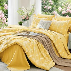 MUXHOMO Bright Yellow Bed in a Bag Queen 7 Pieces, Queen Comforter Set Reversible Botanical Flowers Design, Ultra Soft & Breathable Bedding Sets with Comforter, Sheets, Pillowcases & Shams